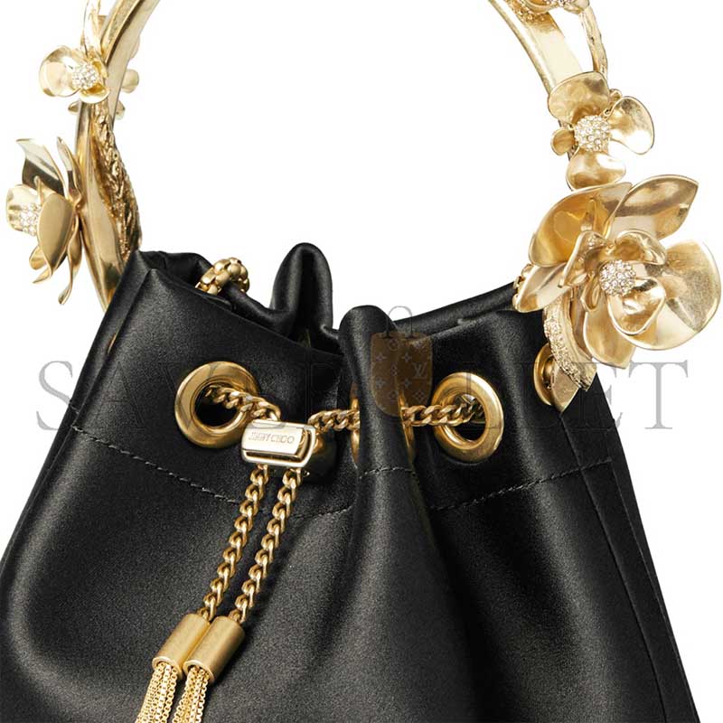 JIMM YCHOO BON BON BLACK SATIN BUCKET BAG WITH METAL FLOWERS BONBONIFE010003 (15*14*9.5cm)
